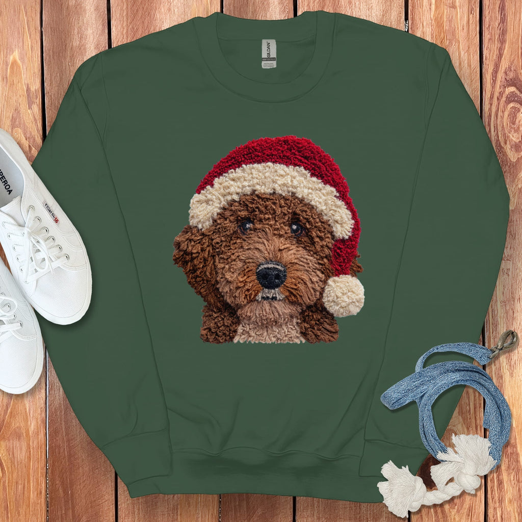 Chocolate Goldendoodle Santa Faux Yarn Sweatshirt in Forest Green / S by Puppy Jo