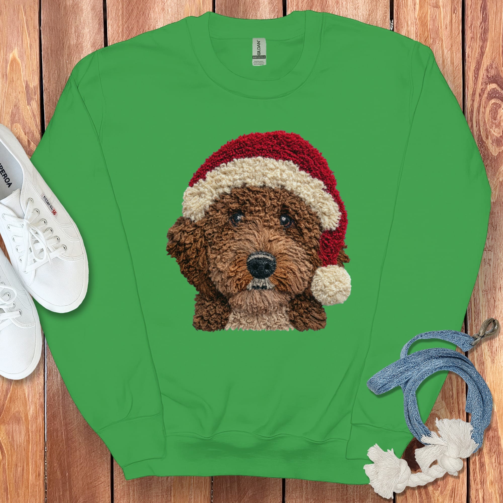 Chocolate Goldendoodle Santa Faux Yarn Sweatshirt in Irish Green / S by Puppy Jo