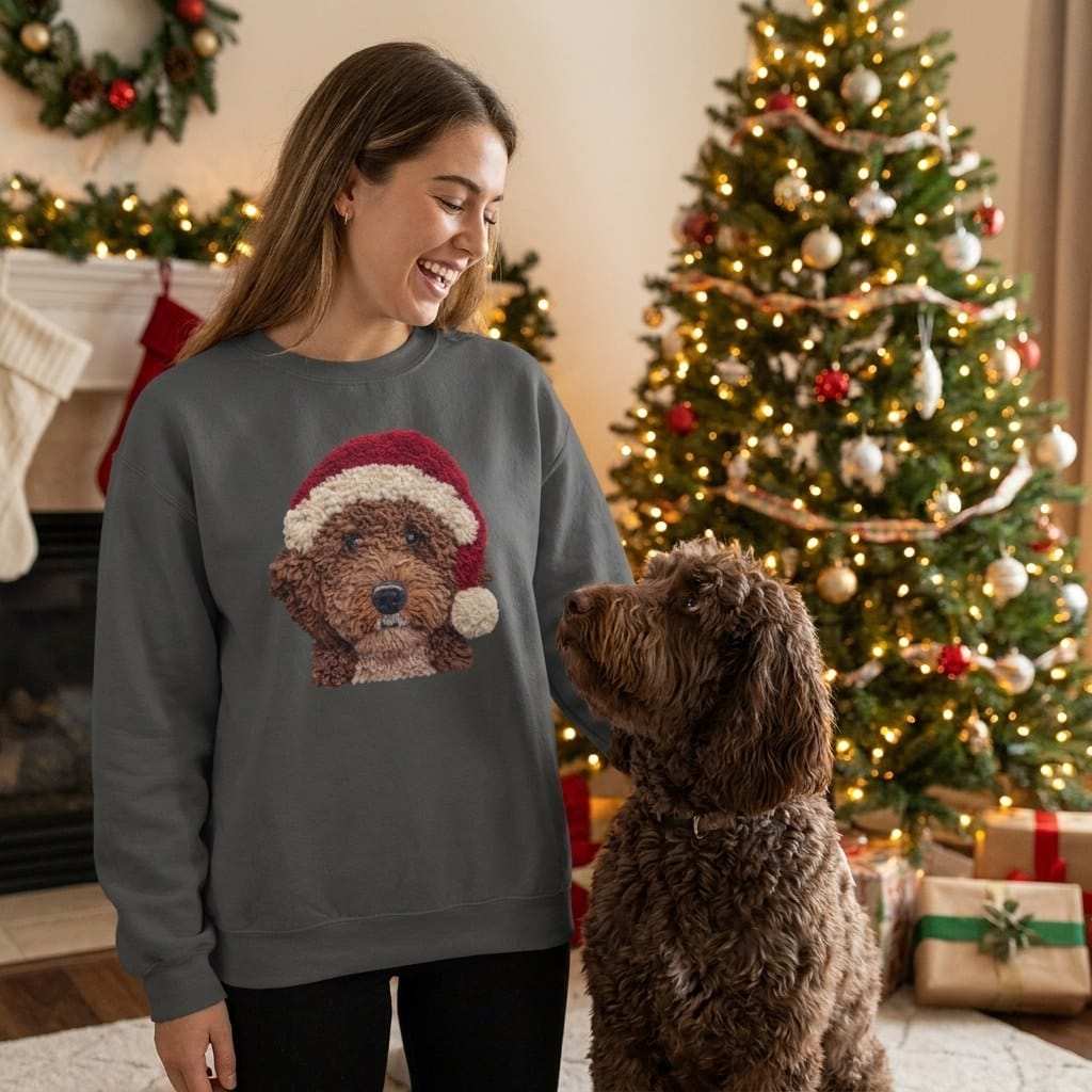 Chocolate Goldendoodle Santa Faux Yarn Sweatshirt in by Puppy Jo