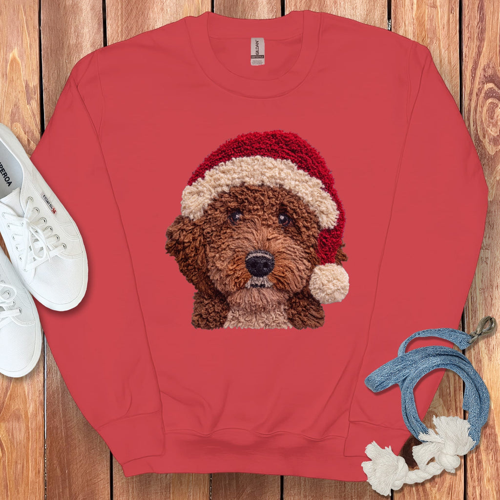 Chocolate Goldendoodle Santa Faux Yarn Sweatshirt in Red / S by Puppy Jo