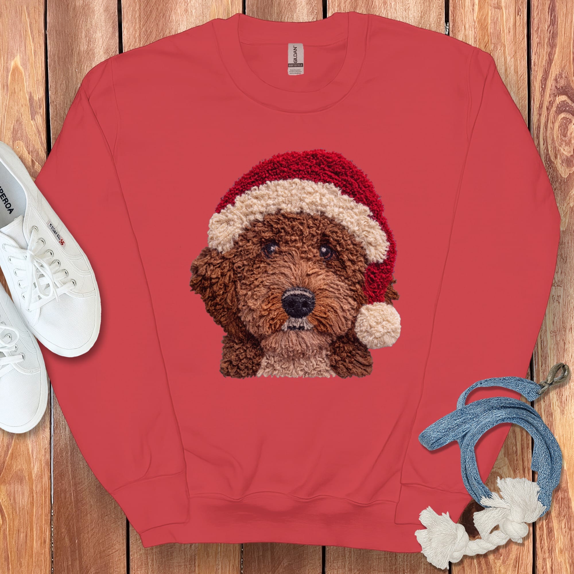 Chocolate Goldendoodle Santa Faux Yarn Sweatshirt in Red / S by Puppy Jo