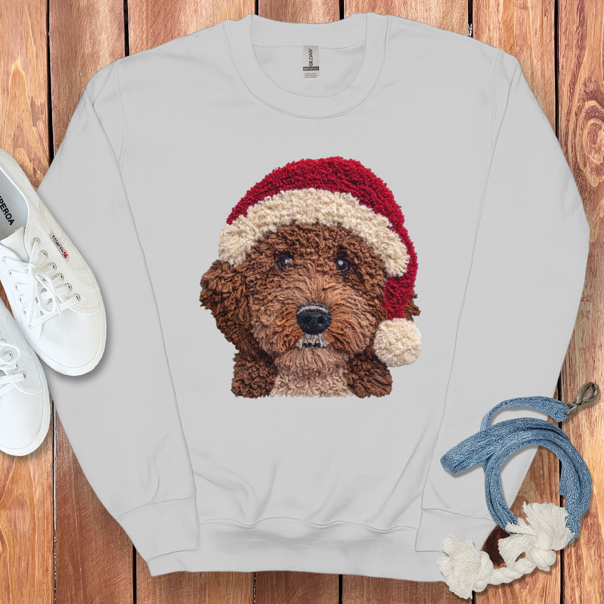 Chocolate Goldendoodle Santa Faux Yarn Sweatshirt in Sport Grey / S by Puppy Jo