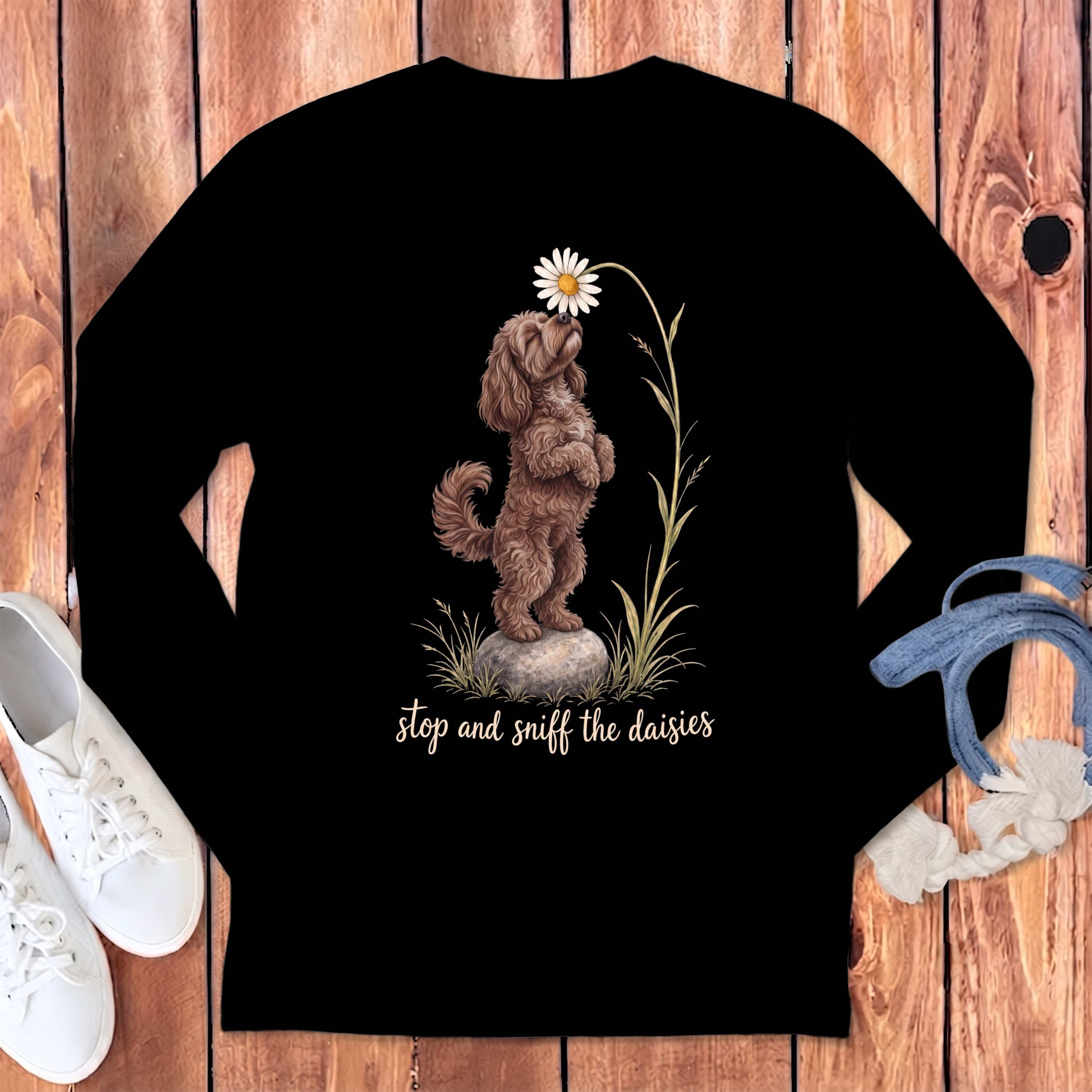 Chocolate Goldendoodle Sniff Daisies Long Sleeve T-Shirt in Black / S by Puppy Jo