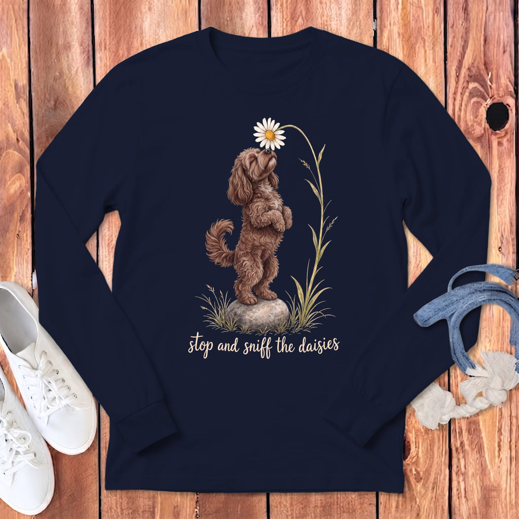 Chocolate Goldendoodle Sniff Daisies Long Sleeve T-Shirt in Navy / S by Puppy Jo