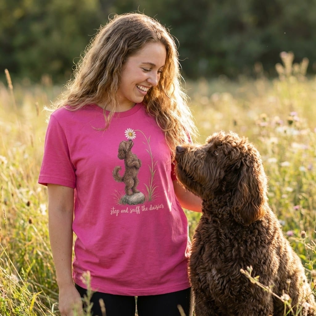Chocolate Goldendoodle Sniff Daisies T-Shirt in by Puppy Jo