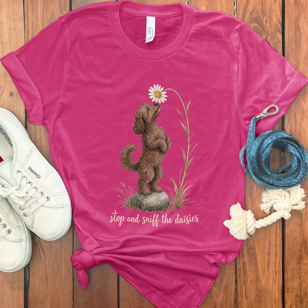 Chocolate Goldendoodle Sniff Daisies T-Shirt in S / Berry by Puppy Jo
