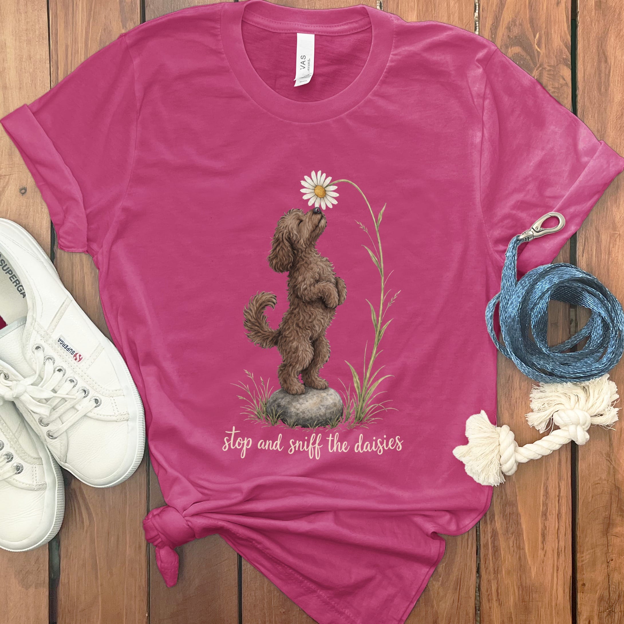 Chocolate Goldendoodle Sniff Daisies T-Shirt in S / Berry by Puppy Jo