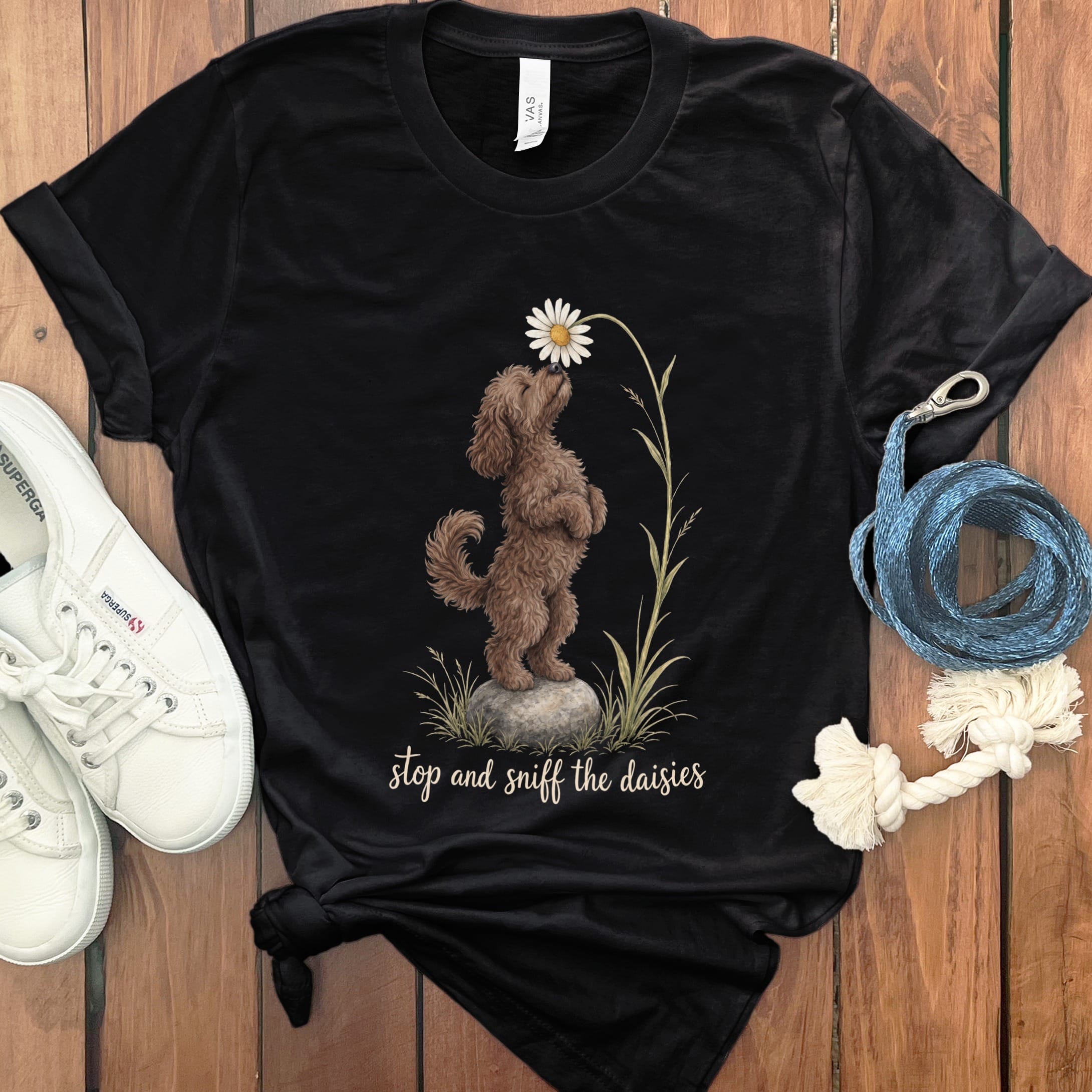 Chocolate Goldendoodle Sniff Daisies T-Shirt in S / Black by Puppy Jo