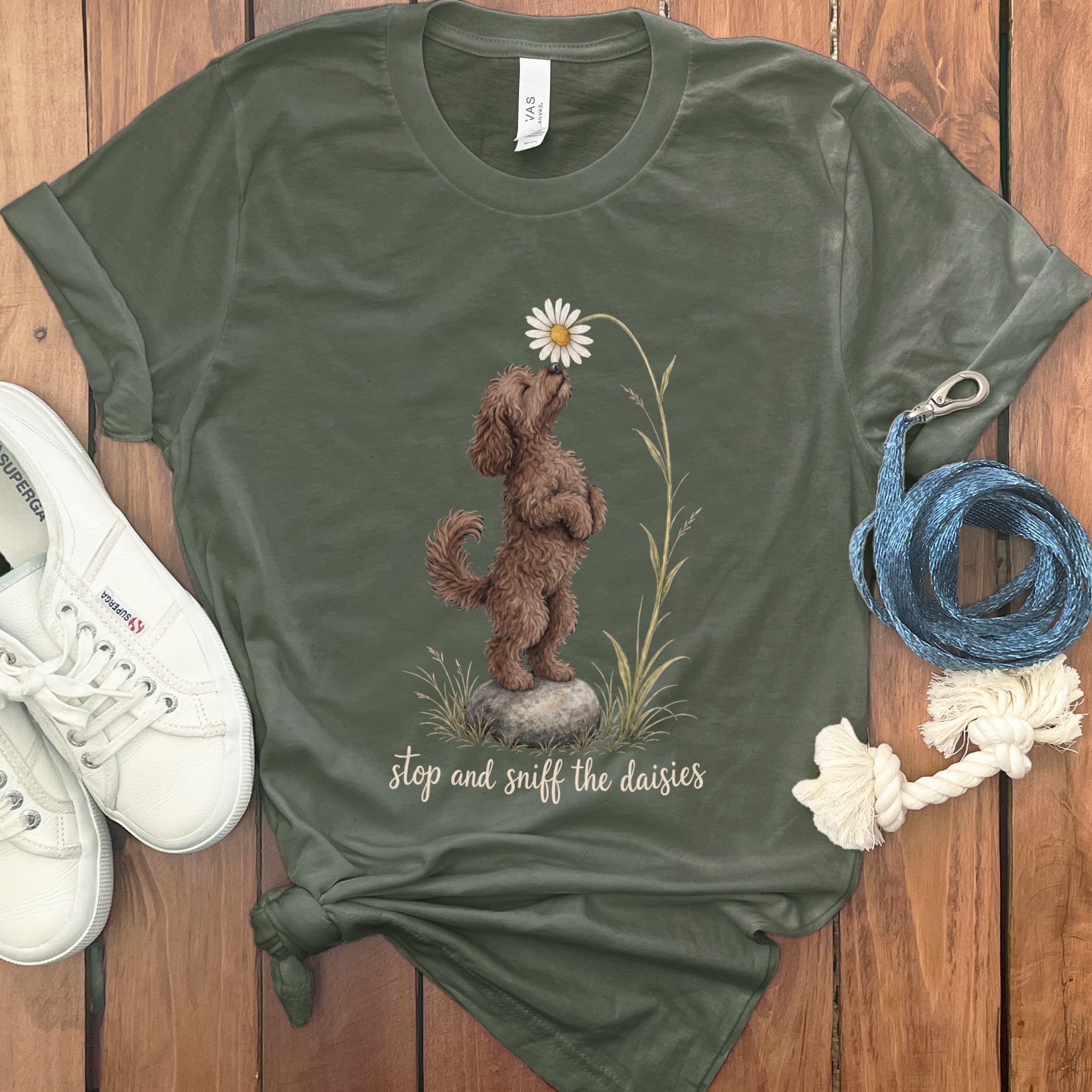 Chocolate Goldendoodle Sniff Daisies T-Shirt in S / Military Green by Puppy Jo