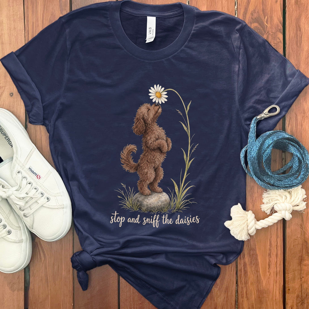 Chocolate Goldendoodle Sniff Daisies T-Shirt in S / Navy by Puppy Jo