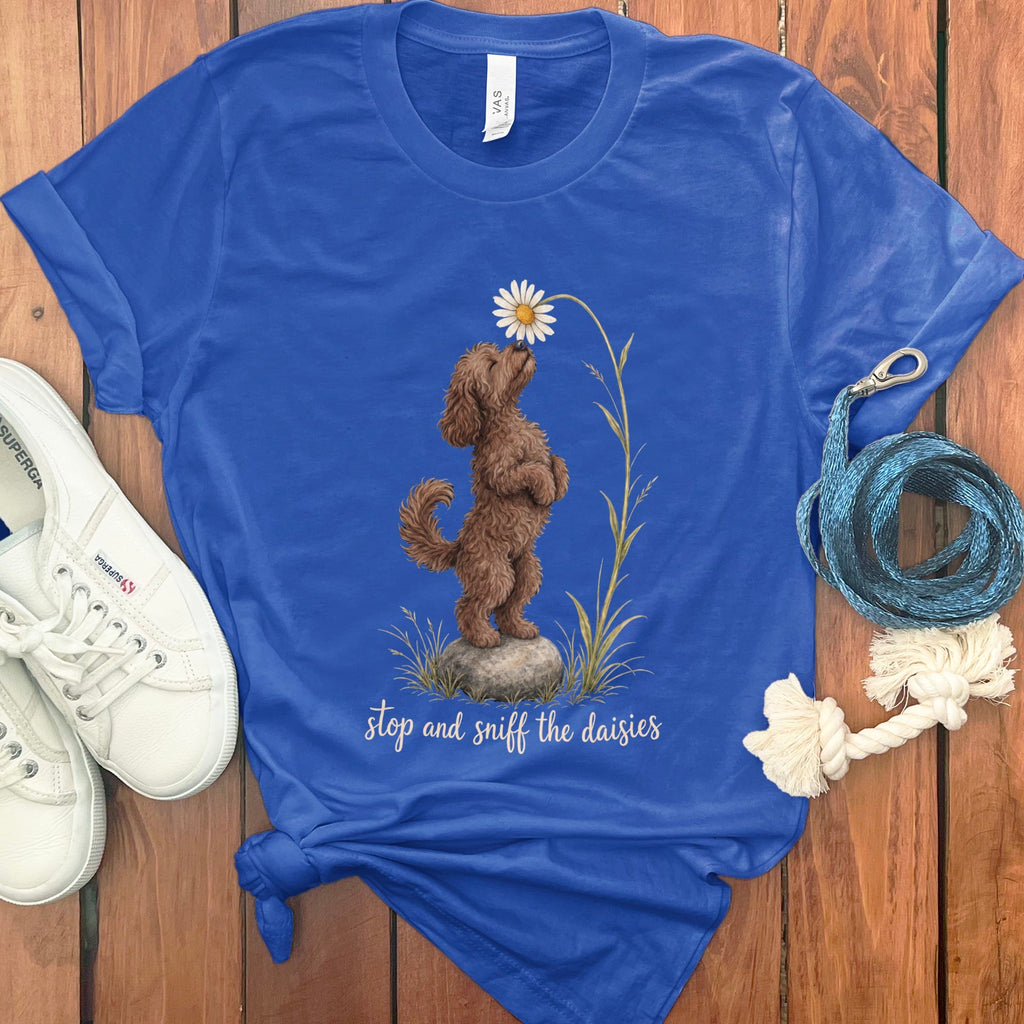 Chocolate Goldendoodle Sniff Daisies T-Shirt in S / True Royal by Puppy Jo