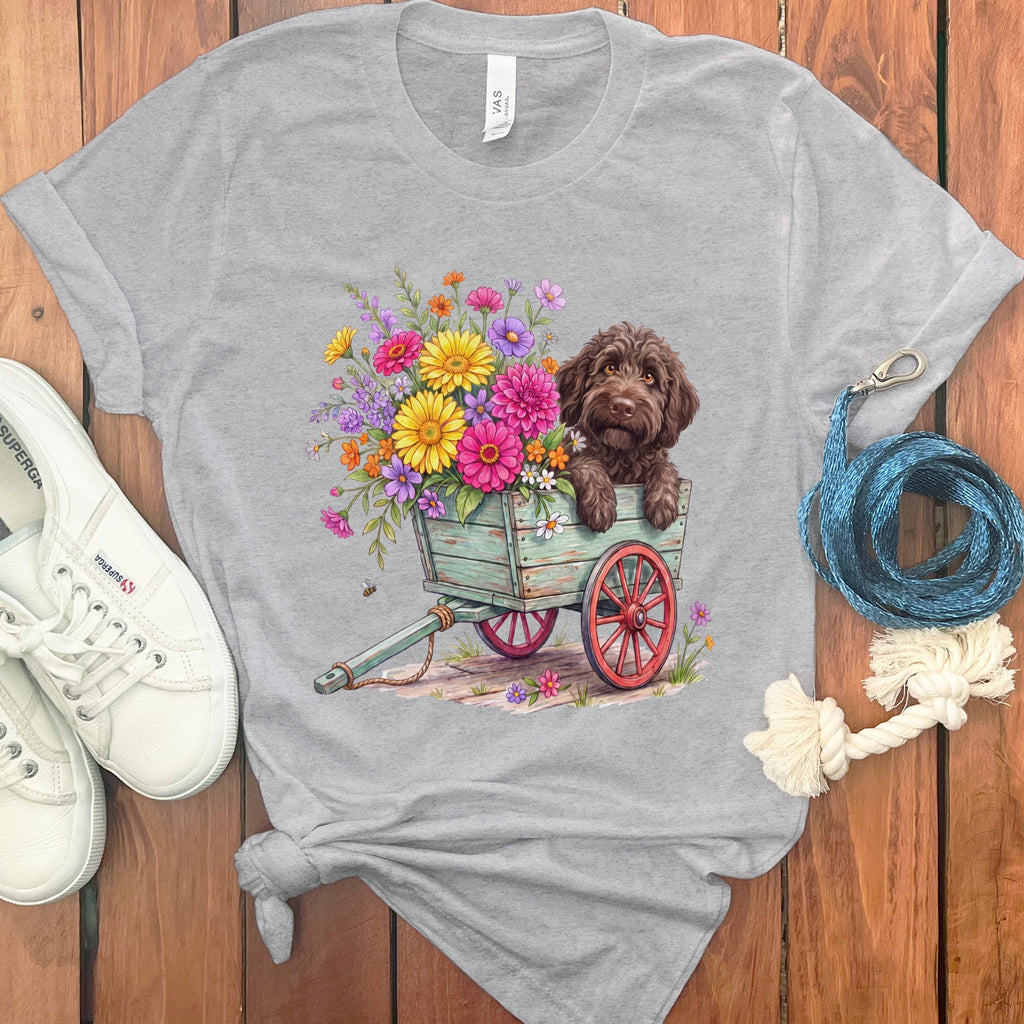 Chocolate Goldendoodle Spring Wagon T-Shirt in Athletic Heather / S by Puppy Jo