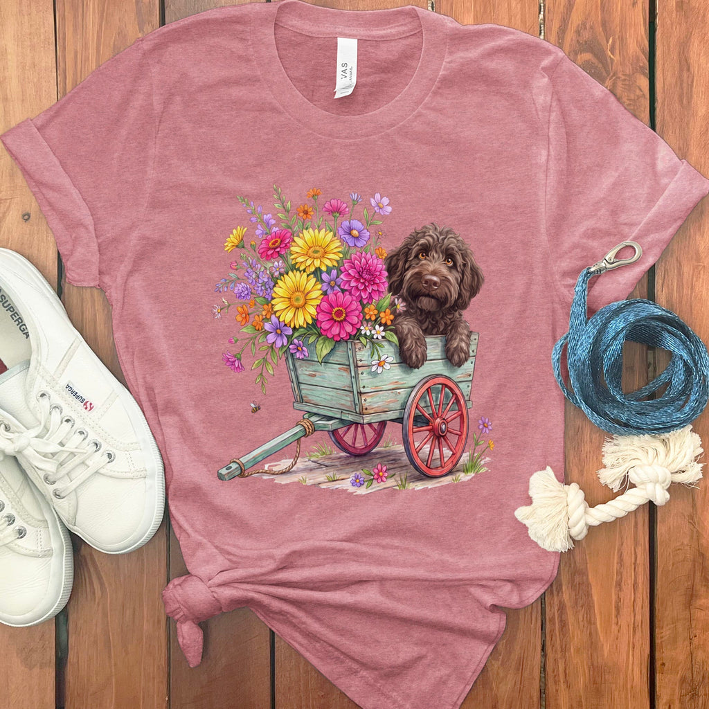Chocolate Goldendoodle Spring Wagon T-Shirt in Heather Mauve / S by Puppy Jo
