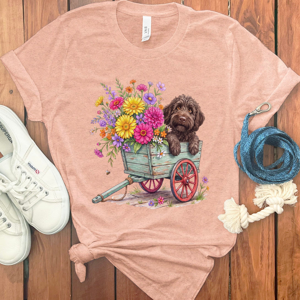 Chocolate Goldendoodle Spring Wagon T-Shirt in Heather Peach / S by Puppy Jo