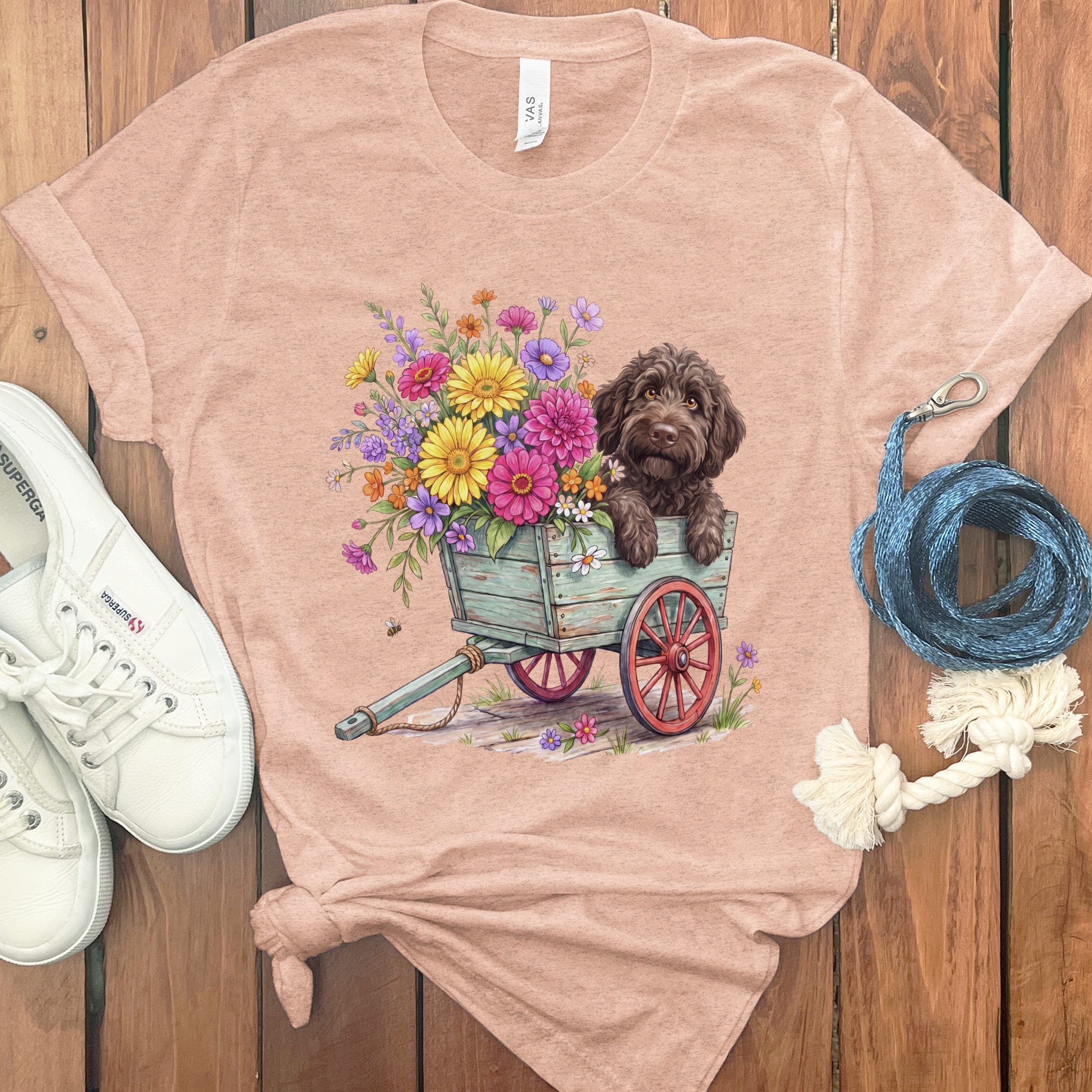 Chocolate Goldendoodle Spring Wagon T-Shirt in Heather Peach / S by Puppy Jo