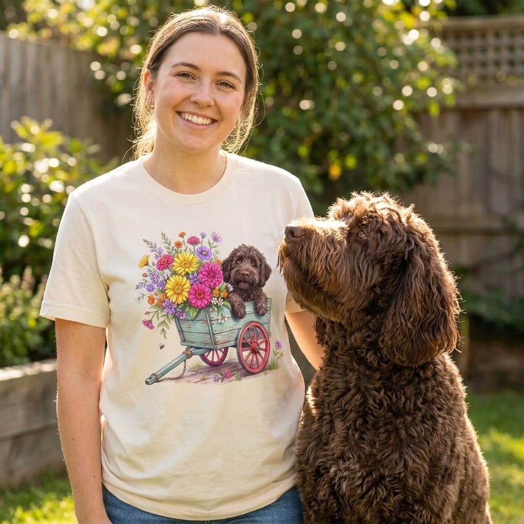 Chocolate Goldendoodle Spring Wagon T-Shirt in by Puppy Jo