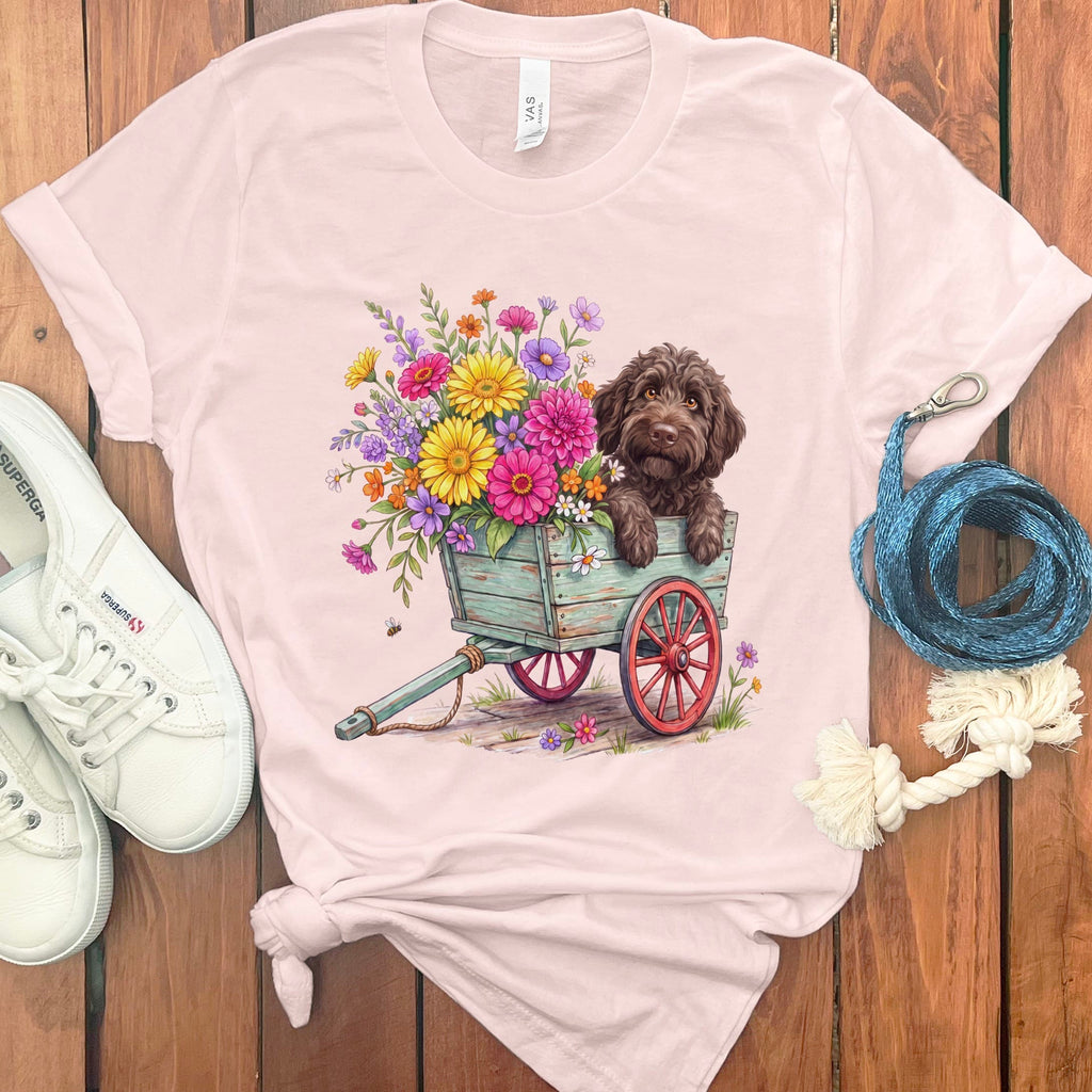 Chocolate Goldendoodle Spring Wagon T-Shirt in Soft Pink / S by Puppy Jo