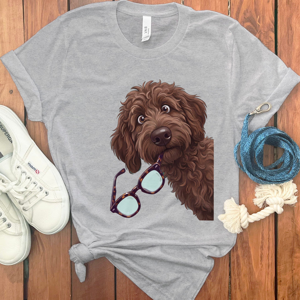 Chocolate Goldendoodle Stolen Glasses T-Shirt in Athletic Heather / S by Puppy Jo
