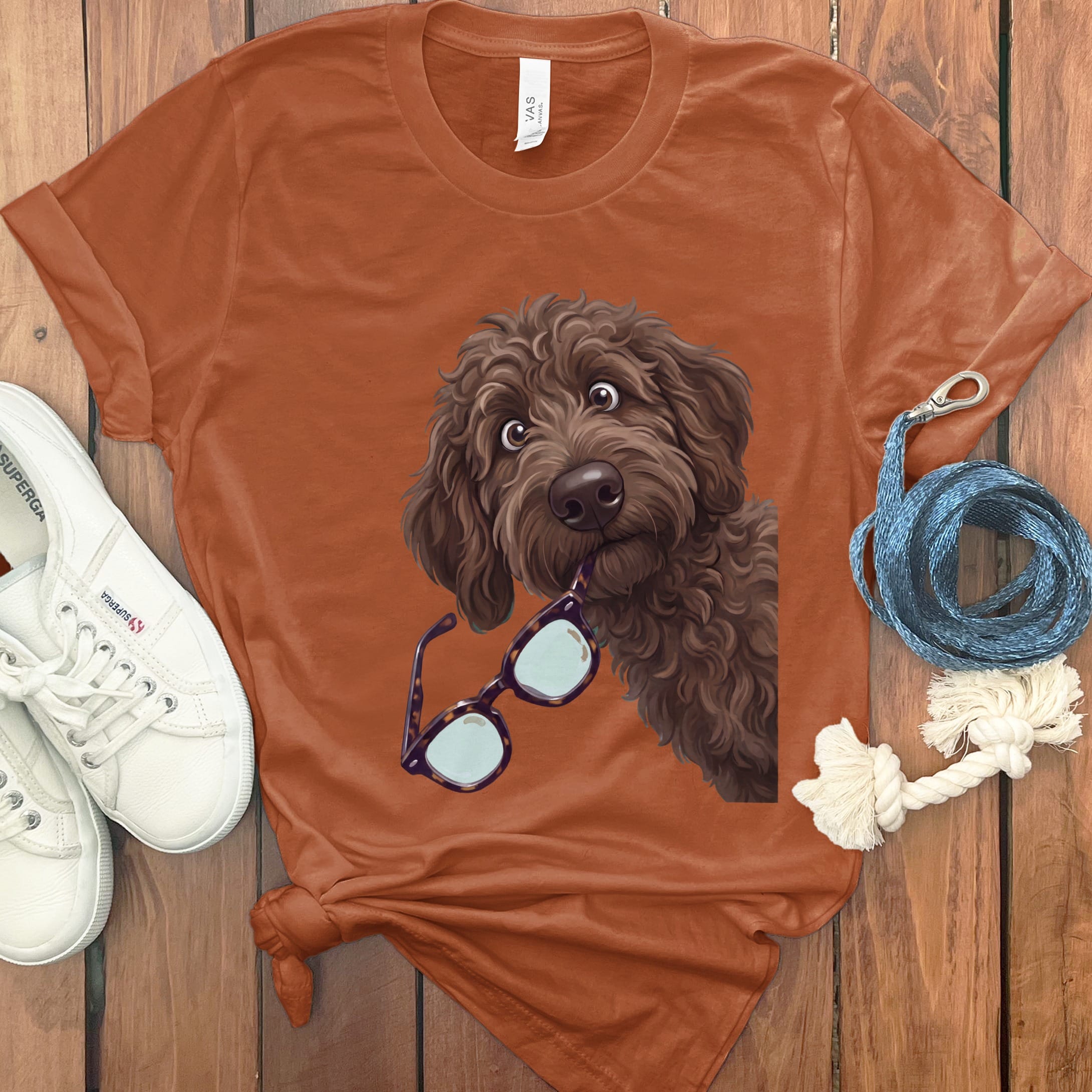 Chocolate Goldendoodle Stolen Glasses T-Shirt in Autumn / S by Puppy Jo