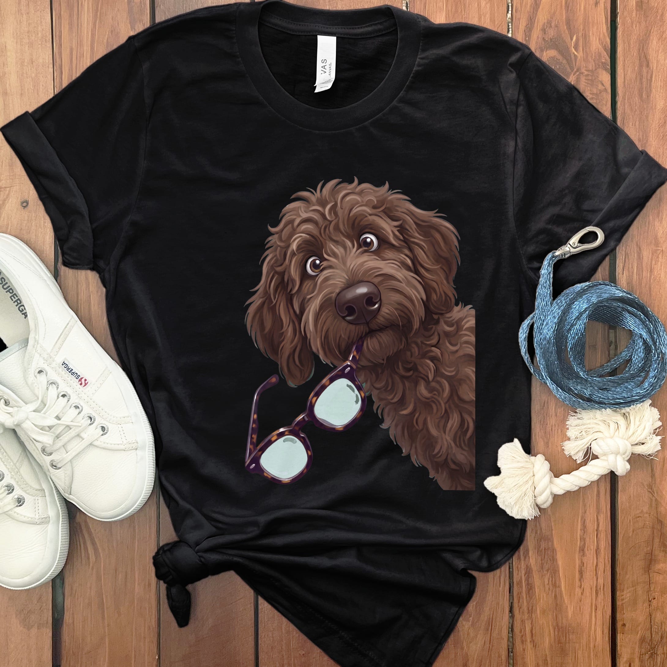 Chocolate Goldendoodle Stolen Glasses T-Shirt in Black / S by Puppy Jo