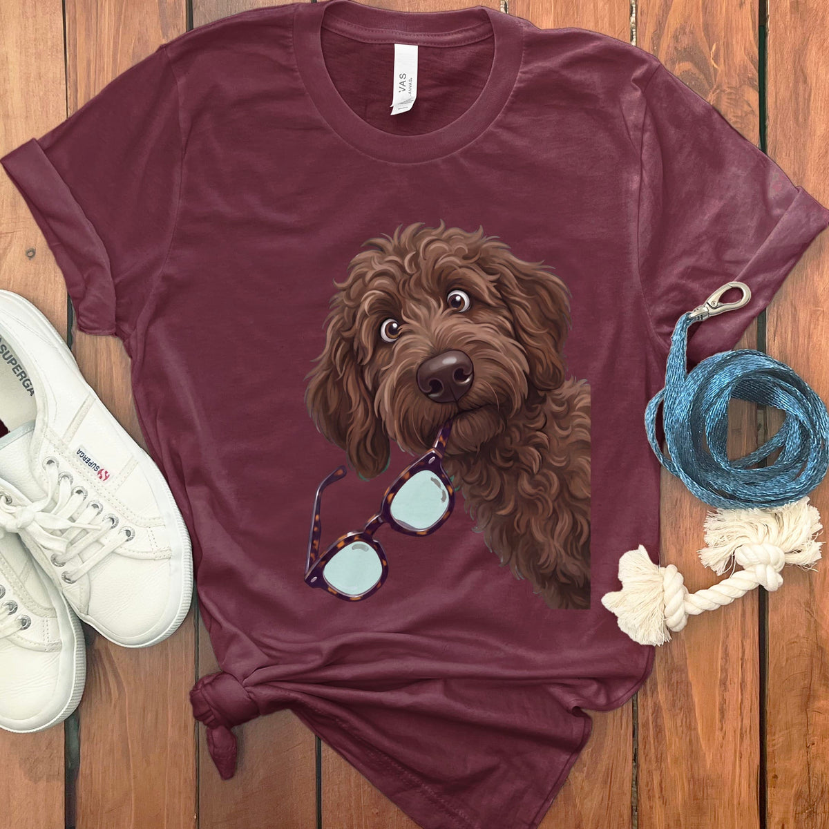 Chocolate Goldendoodle Stolen Glasses T-Shirt in Maroon / S by Puppy Jo