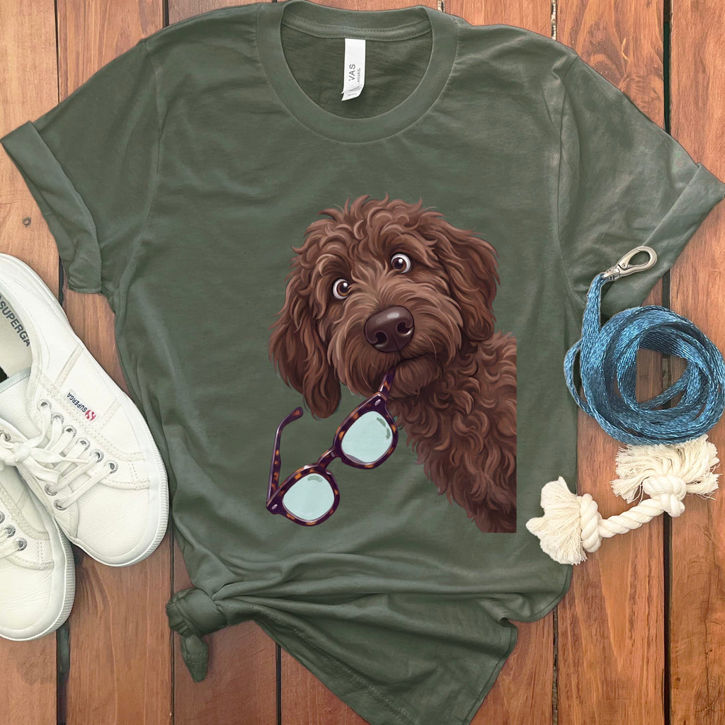 Chocolate Goldendoodle Stolen Glasses T-Shirt in Military Green / S by Puppy Jo