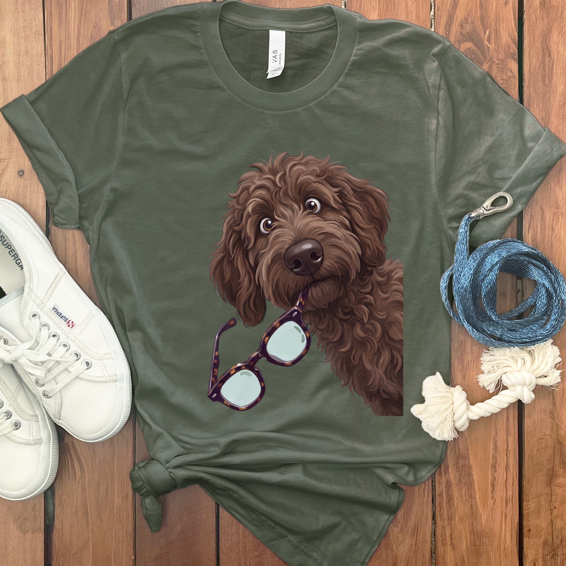 Chocolate Goldendoodle Stolen Glasses T-Shirt in Military Green / S by Puppy Jo