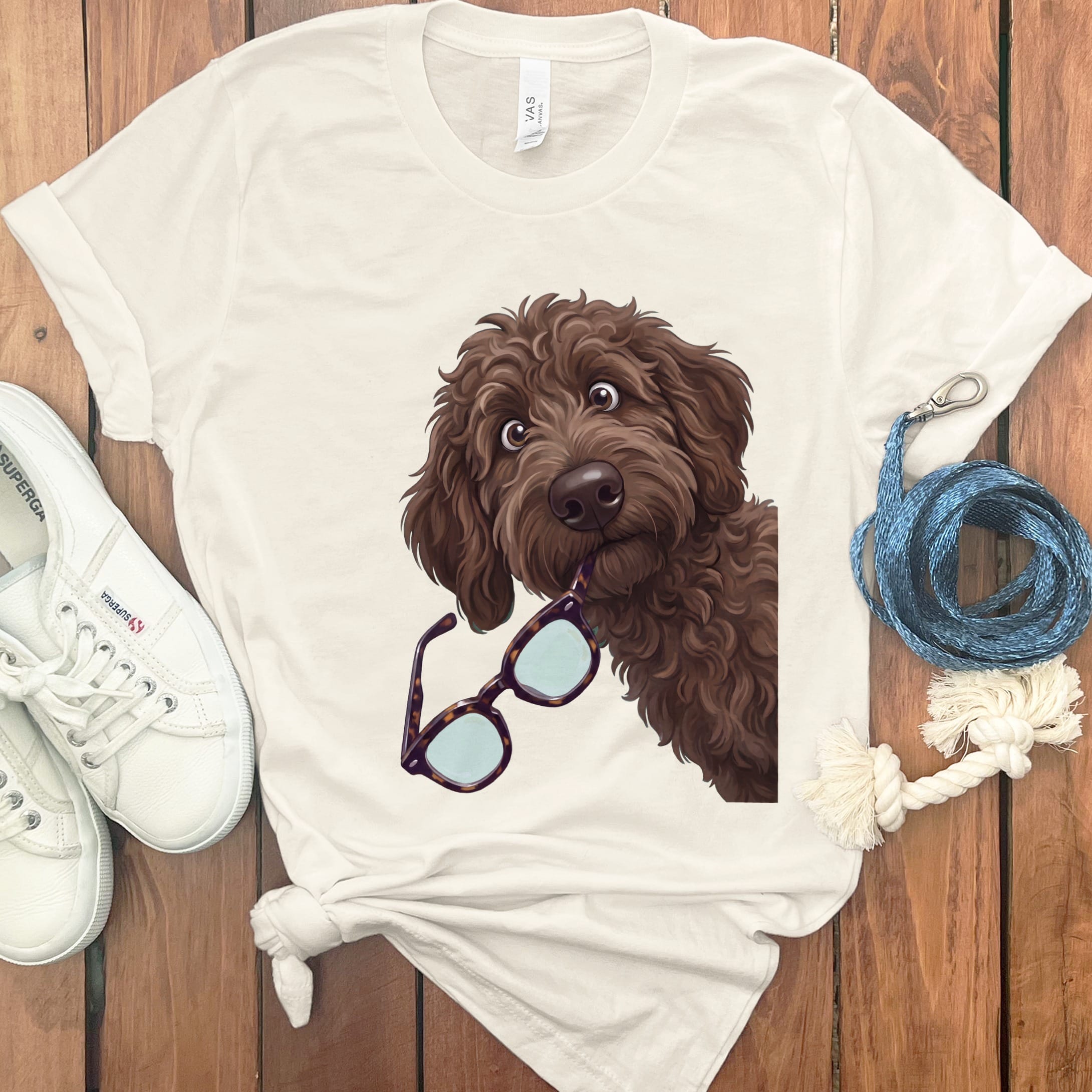 Chocolate Goldendoodle Stolen Glasses T-Shirt in Natural / S by Puppy Jo