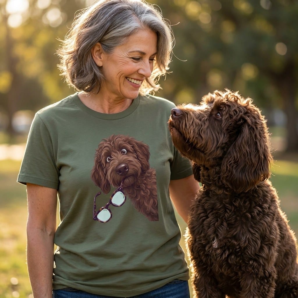 Chocolate Goldendoodle Stolen Glasses T-Shirt in by Puppy Jo