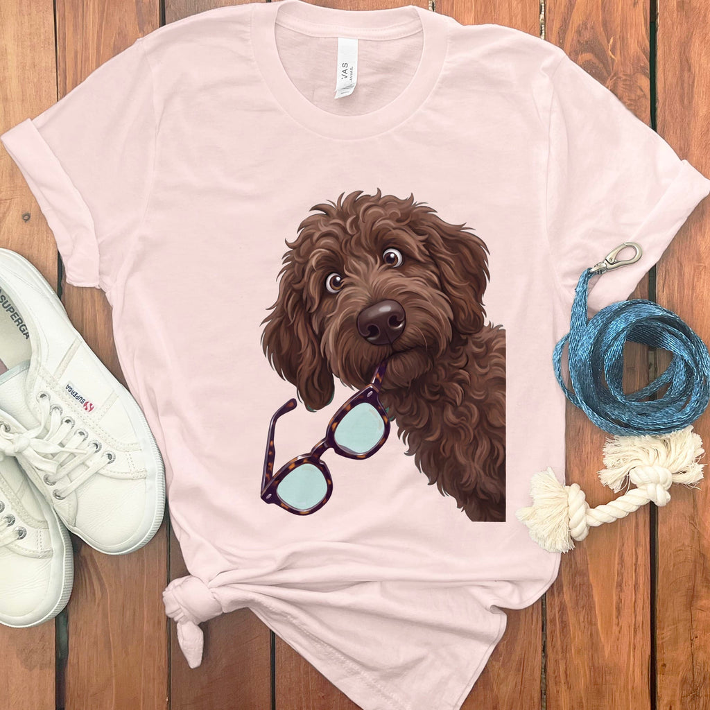Chocolate Goldendoodle Stolen Glasses T-Shirt in Soft Pink / S by Puppy Jo