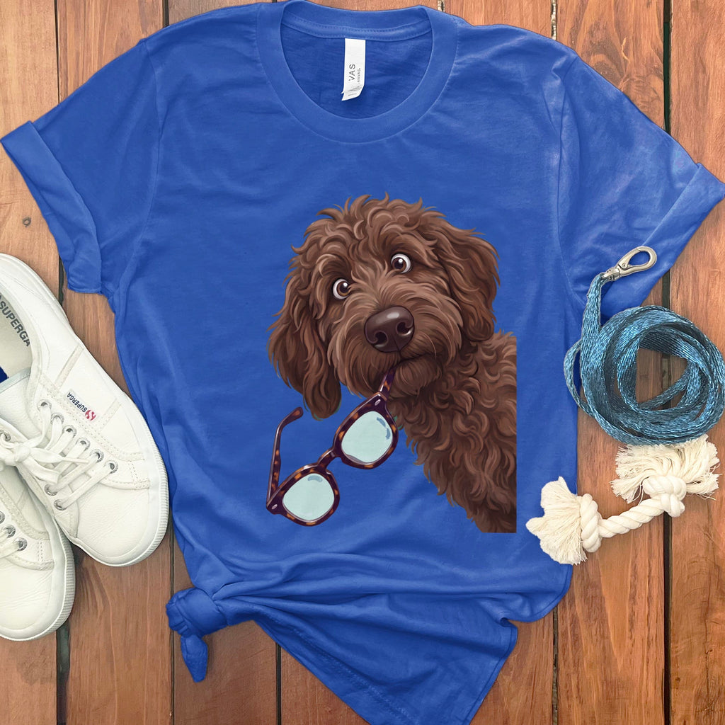 Chocolate Goldendoodle Stolen Glasses T-Shirt in True Royal / S by Puppy Jo