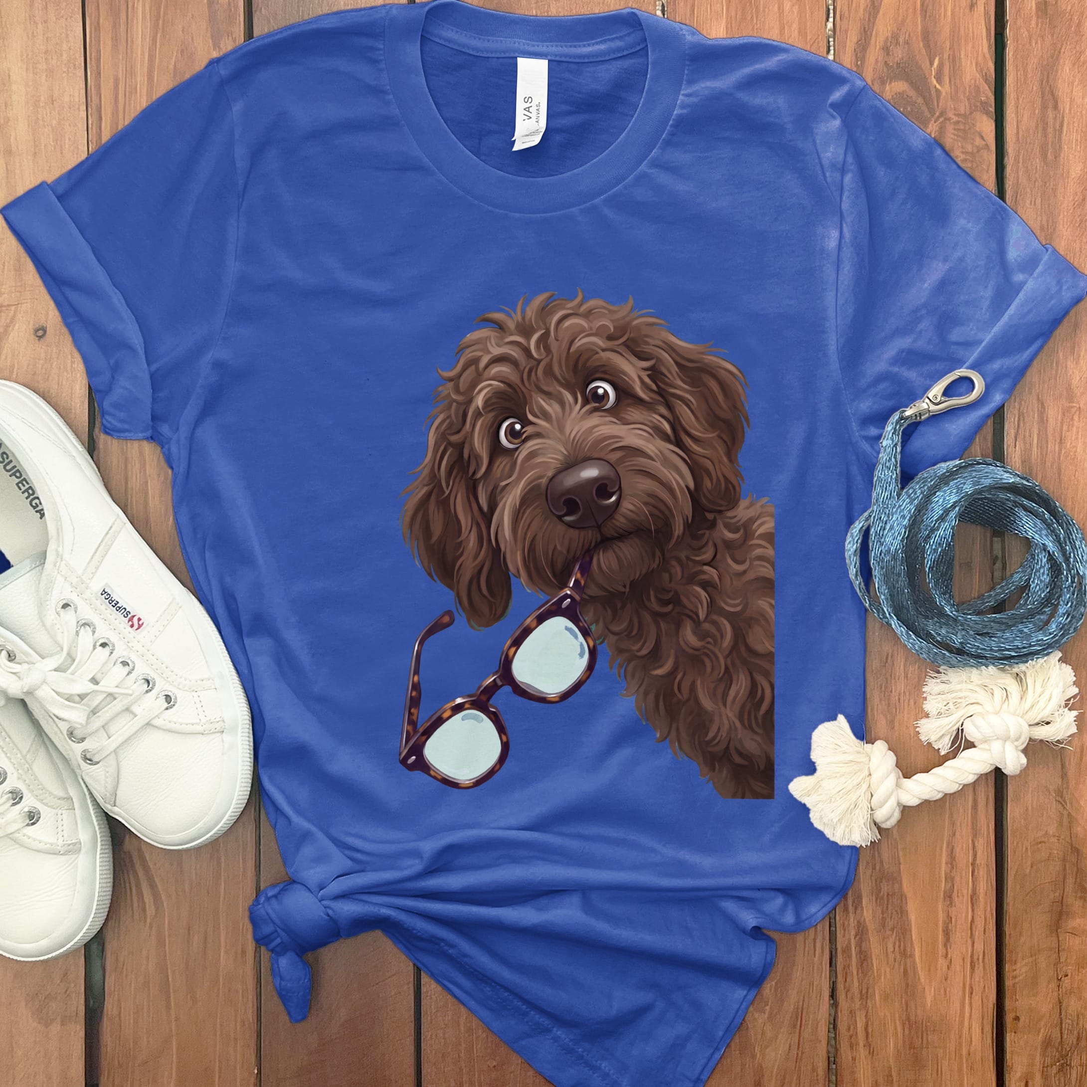 Chocolate Goldendoodle Stolen Glasses T-Shirt in True Royal / S by Puppy Jo