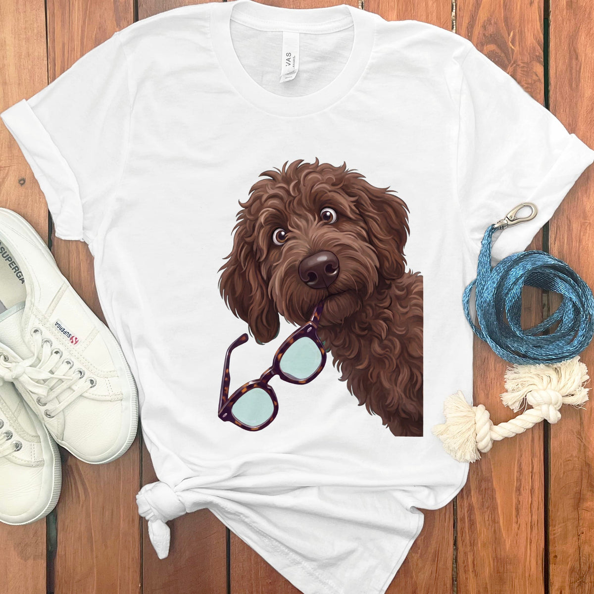 Chocolate Goldendoodle Stolen Glasses T-Shirt in White / S by Puppy Jo