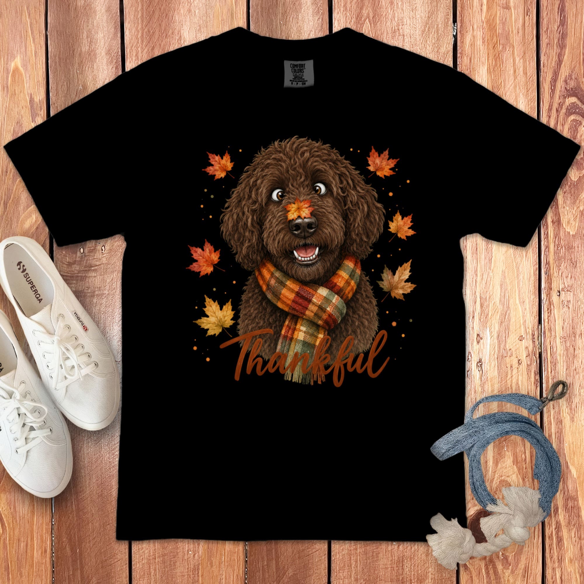 Chocolate Goldendoodle Thankful Signature T-Shirt in Black / S by Puppy Jo