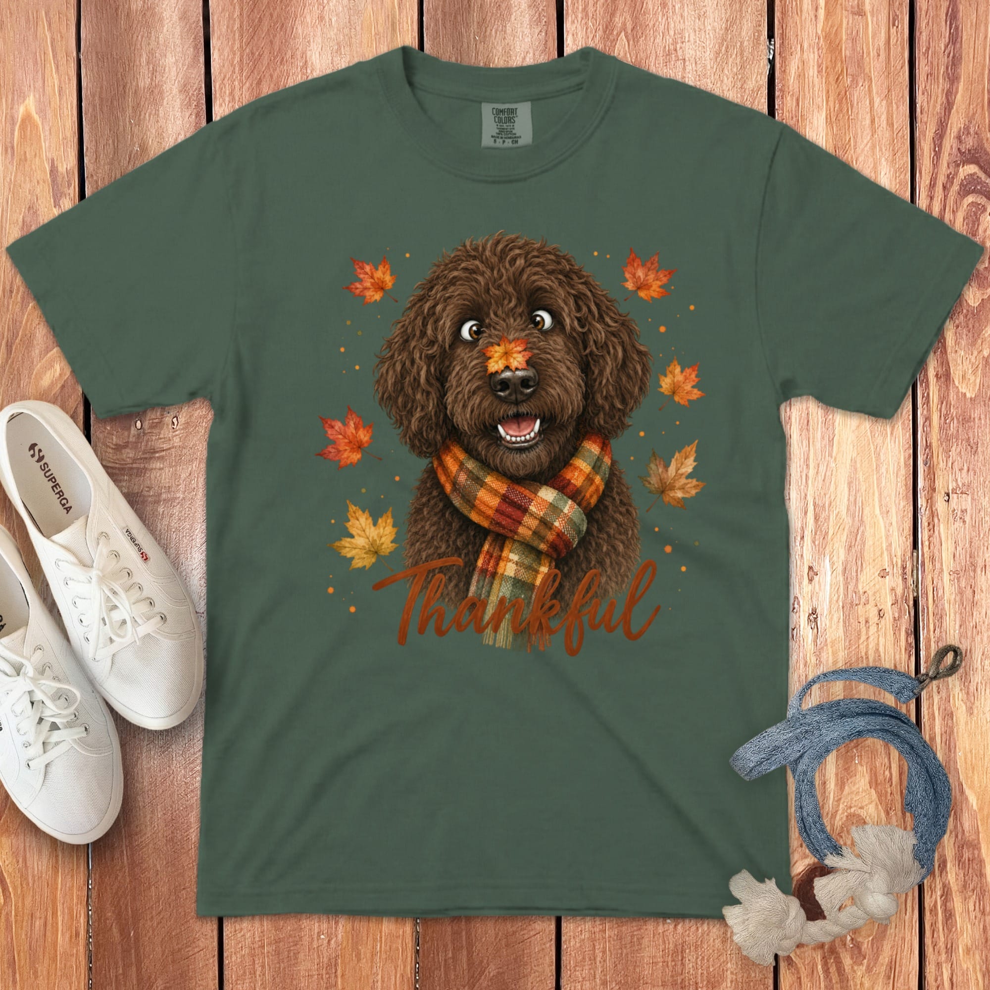 Chocolate Goldendoodle Thankful Signature T-Shirt in Blue Spruce / S by Puppy Jo