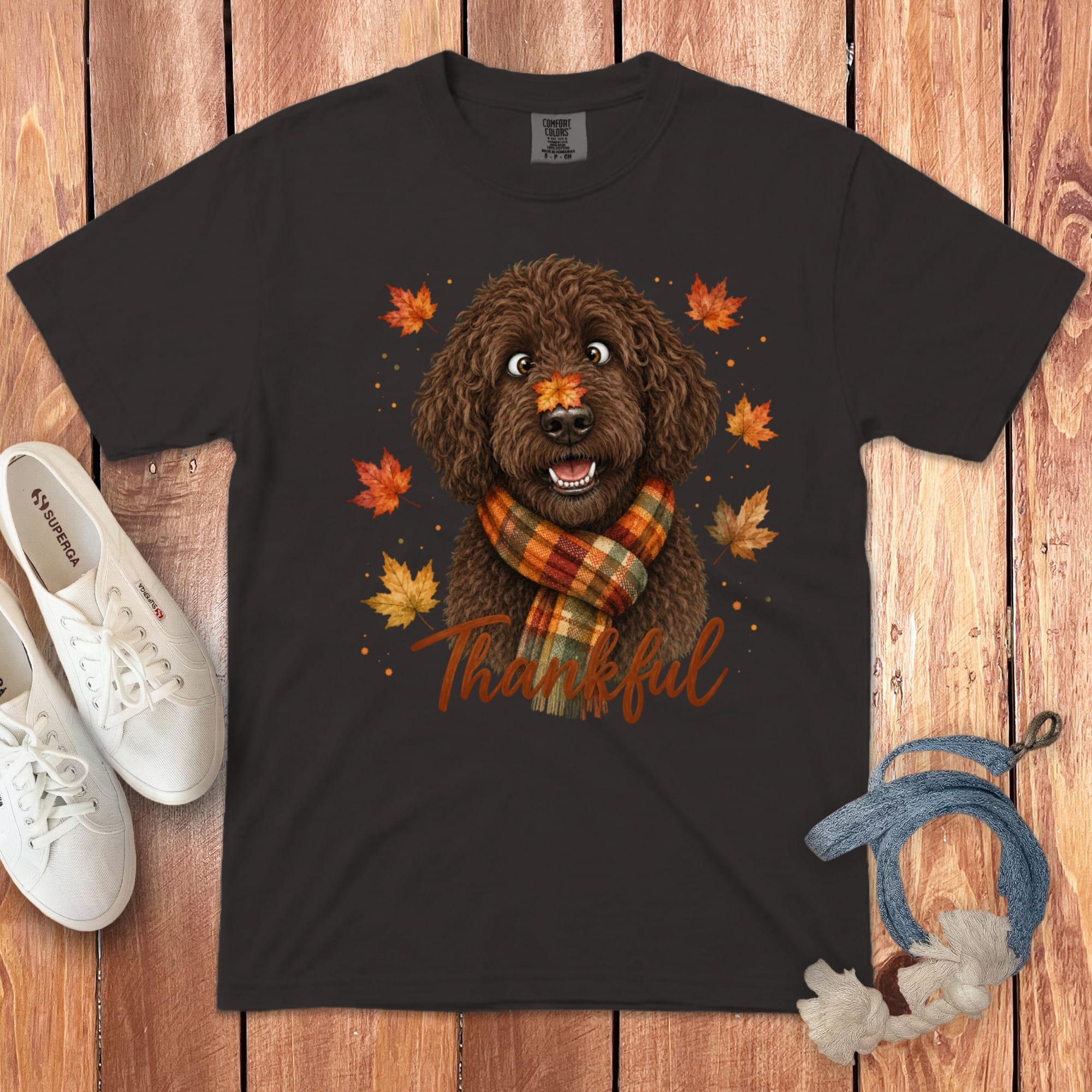 Chocolate Goldendoodle Thankful Signature T-Shirt in Graphite / S by Puppy Jo