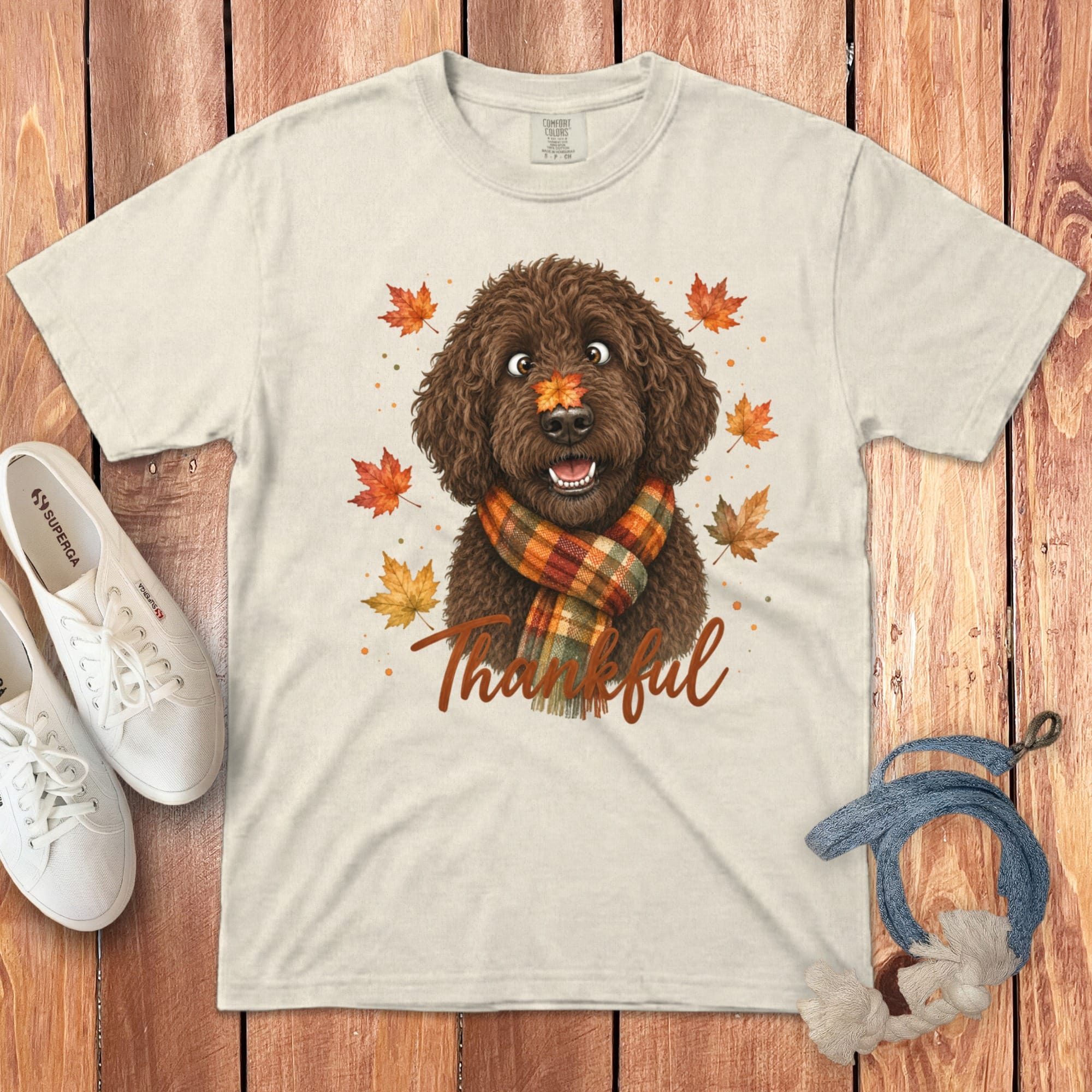 Chocolate Goldendoodle Thankful Signature T-Shirt in Ivory / S by Puppy Jo