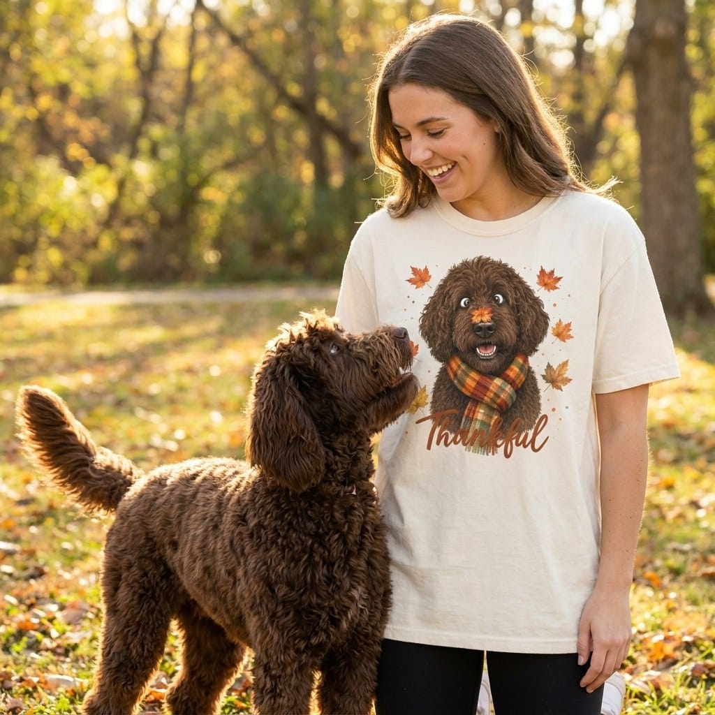 Chocolate Goldendoodle Thankful Signature T-Shirt in by Puppy Jo