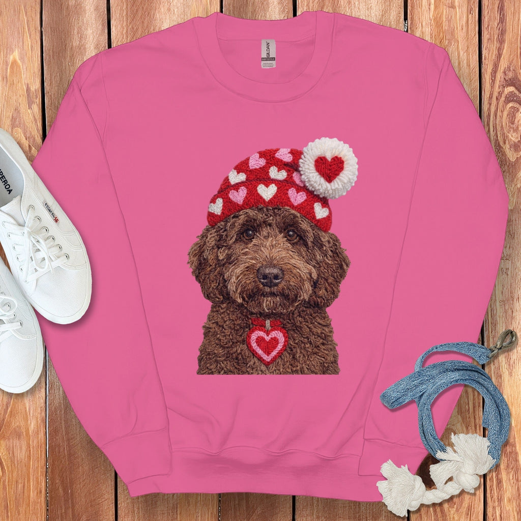 Chocolate Goldendoodle Valentine Charm Faux Yarn Sweatshirt in Heliconia / S by Puppy Jo