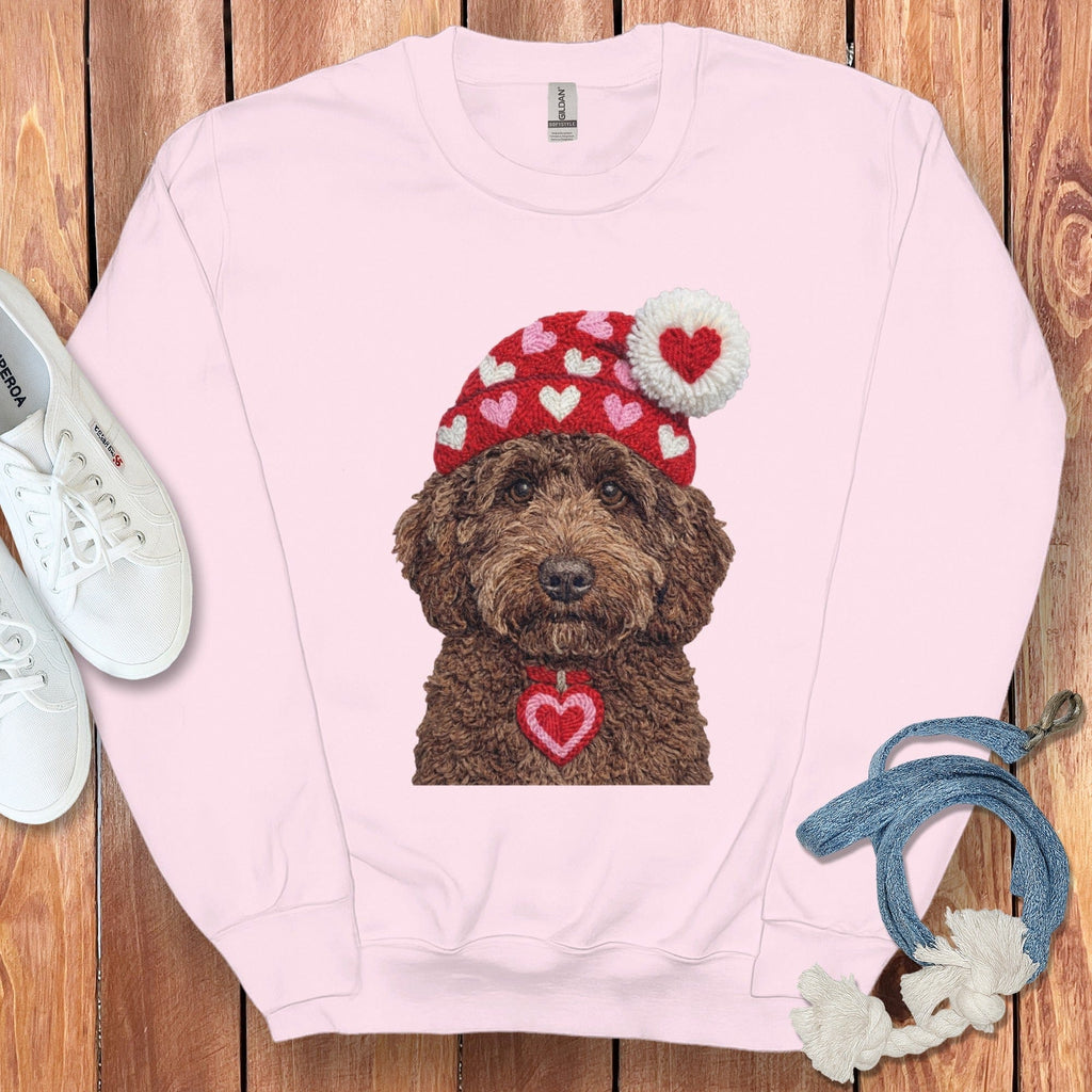 Chocolate Goldendoodle Valentine Charm Faux Yarn Sweatshirt in Light Pink / S by Puppy Jo
