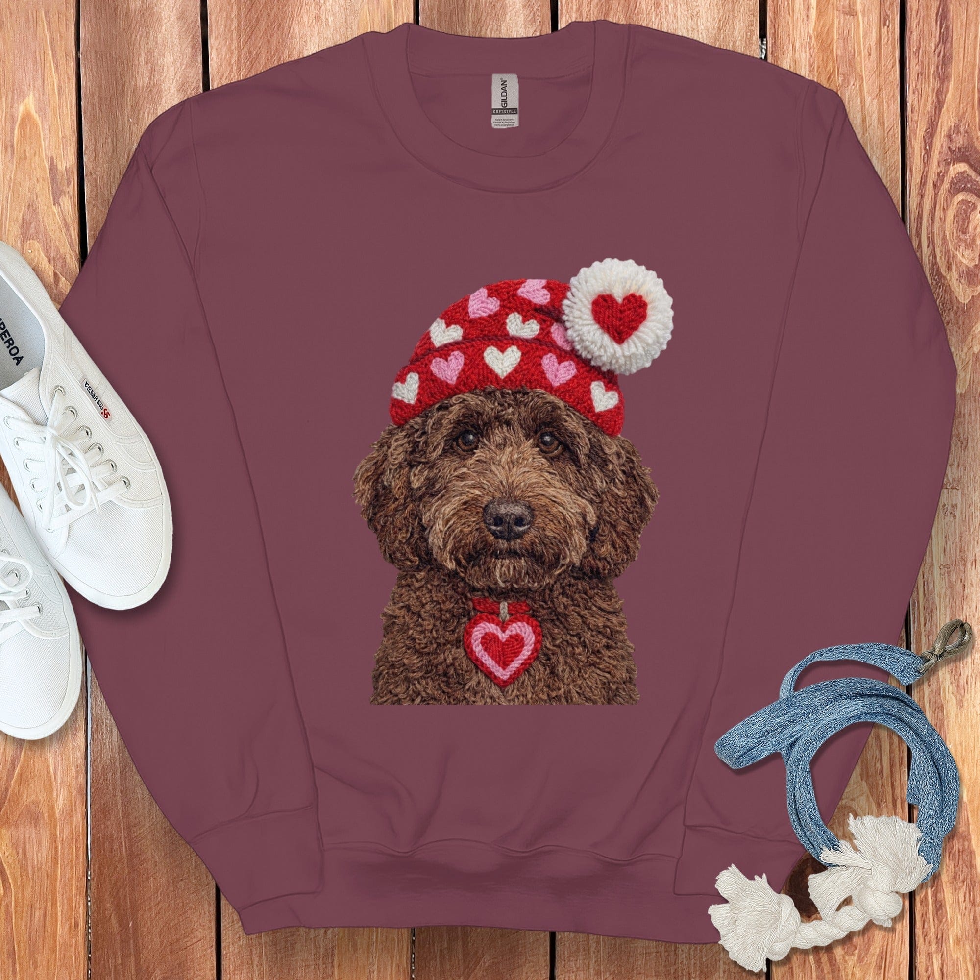 Chocolate Goldendoodle Valentine Charm Faux Yarn Sweatshirt in Maroon / S by Puppy Jo