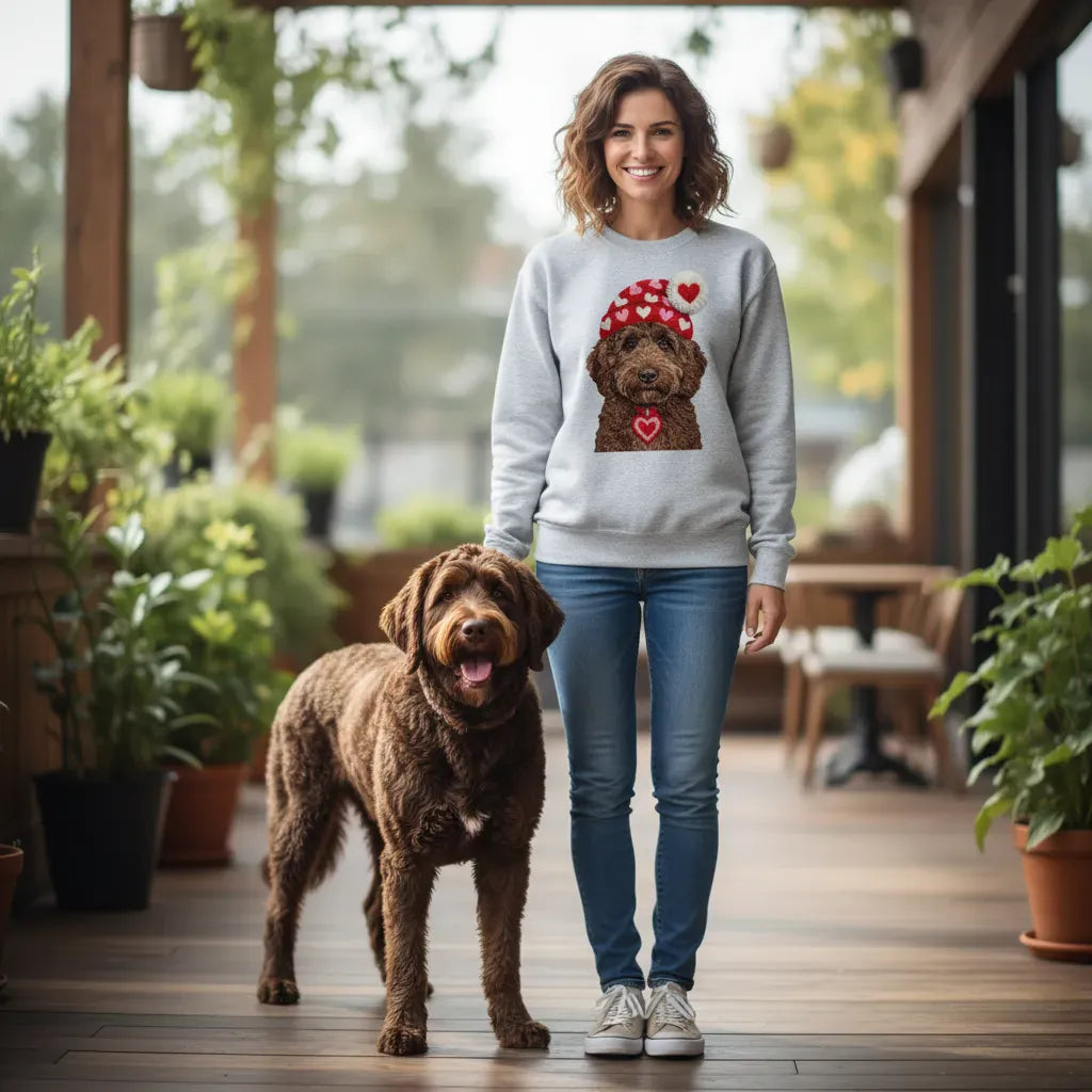 Chocolate Goldendoodle Valentine Charm Faux Yarn Sweatshirt in by Puppy Jo