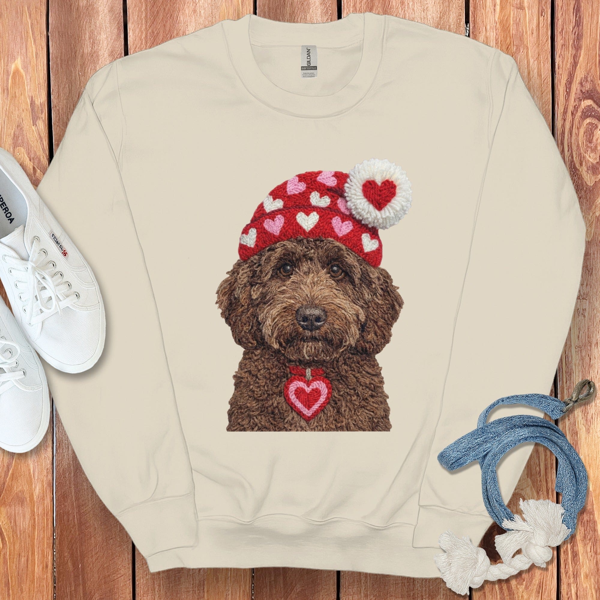 Chocolate Goldendoodle Valentine Charm Faux Yarn Sweatshirt in Sand / S by Puppy Jo