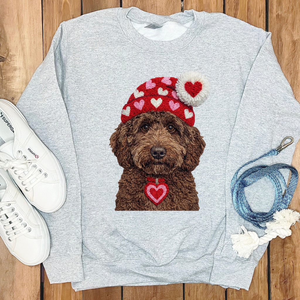 Chocolate Goldendoodle Valentine Charm Faux Yarn Sweatshirt in Sport Grey / S by Puppy Jo