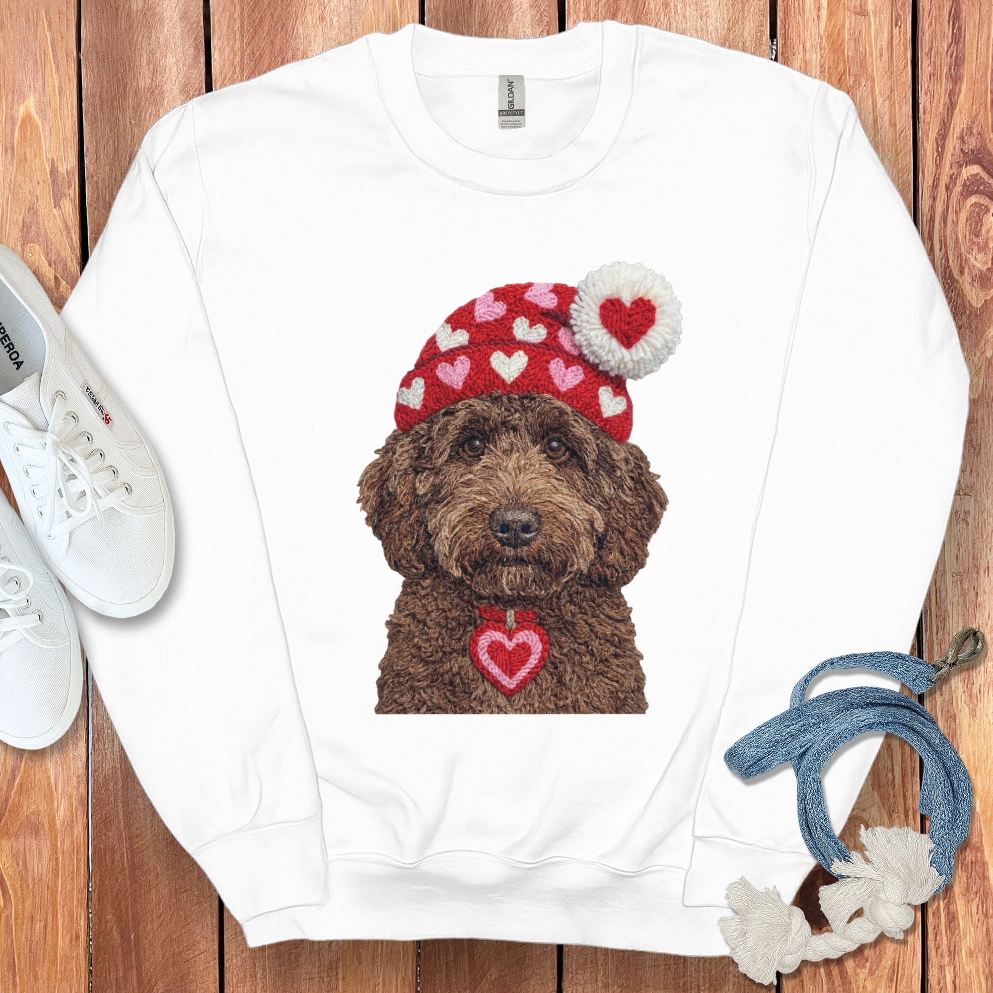 Chocolate Goldendoodle Valentine Charm Faux Yarn Sweatshirt in White / S by Puppy Jo
