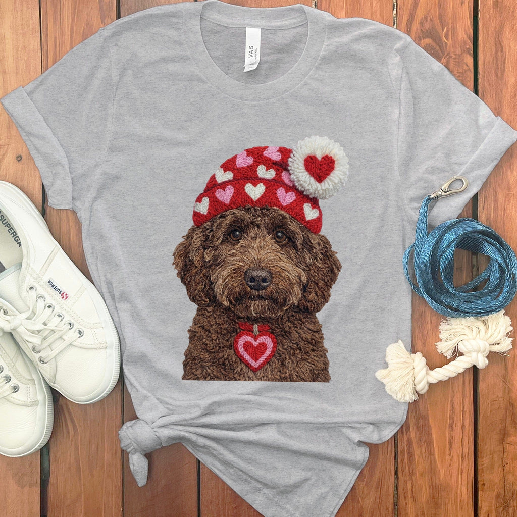Chocolate Goldendoodle Valentine Charm Faux Yarn T-Shirt in Athletic Heather / S by Puppy Jo