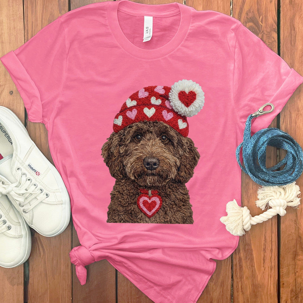 Chocolate Goldendoodle Valentine Charm Faux Yarn T-Shirt in Charity Pink / S by Puppy Jo