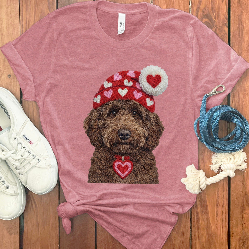 Chocolate Goldendoodle Valentine Charm Faux Yarn T-Shirt in Heather Mauve / S by Puppy Jo