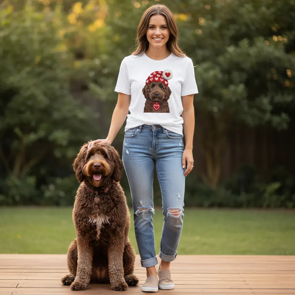 Chocolate Goldendoodle Valentine Charm Faux Yarn T-Shirt in by Puppy Jo