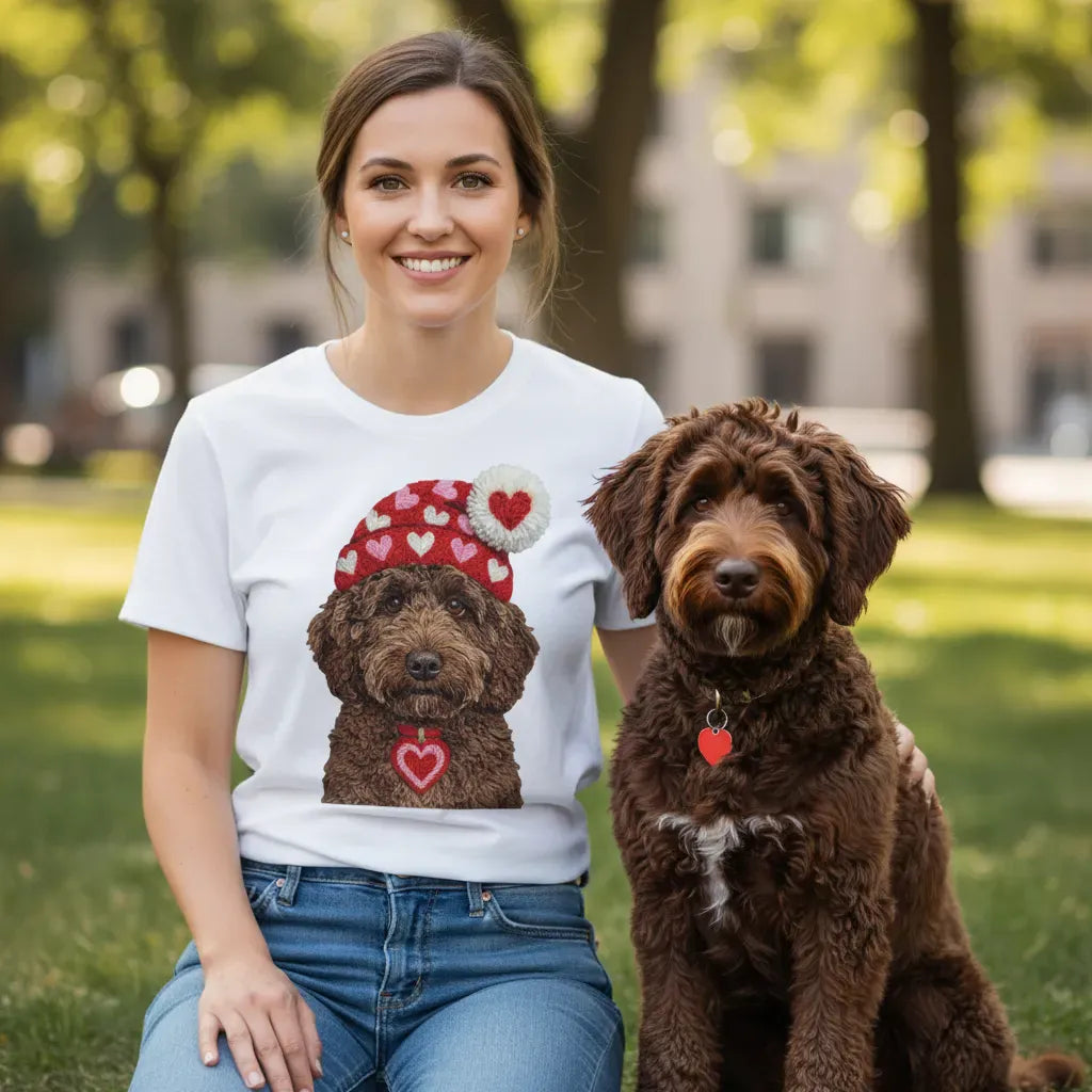 Chocolate Goldendoodle Valentine Charm Faux Yarn T-Shirt in by Puppy Jo